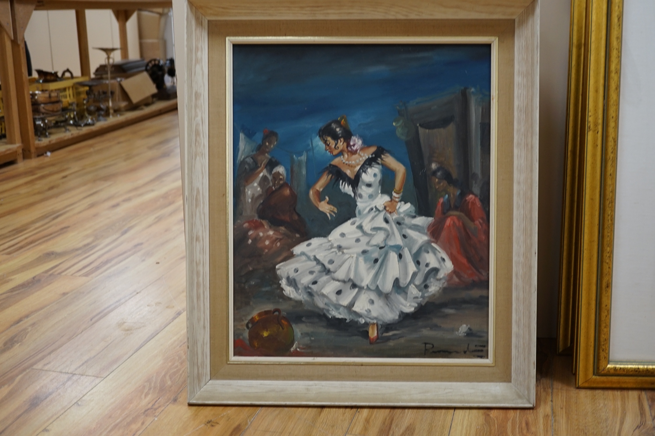 Spanish School, oil on canvas, Flamenco dancer, 55 x 45cm. Condition - fair, canvas sagging slightly